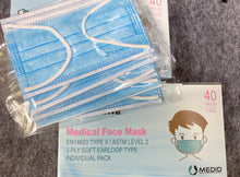 Load image into Gallery viewer, 3. CAREWE Medical Face Mask- EN 14683 TYPE II &amp; ASTM Level 2 (Child fit, Box of 40, Individual Pack)
